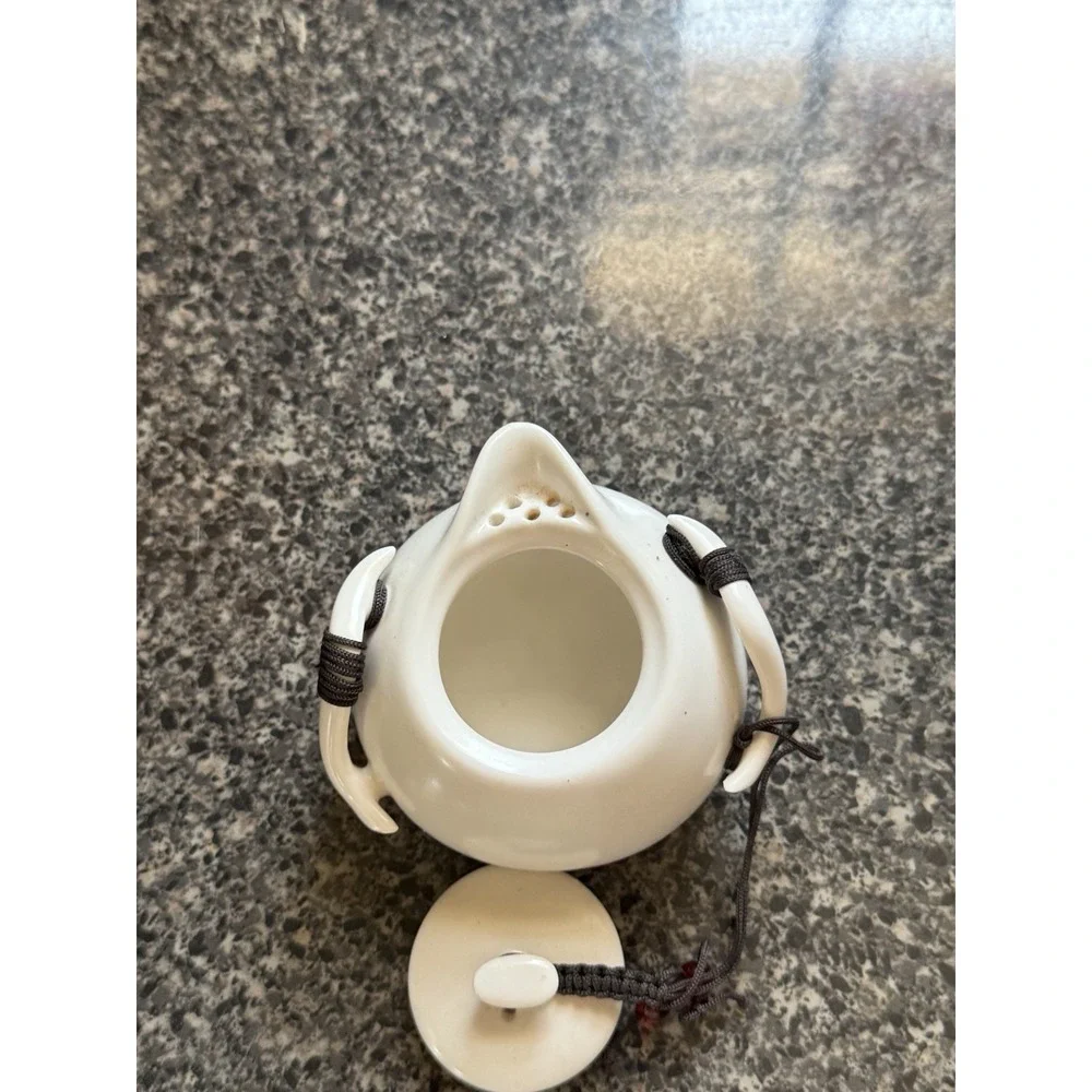 Compact travel tea pot white ceramic with decorative cord